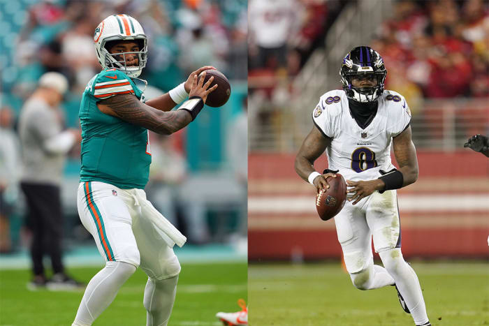 Miami Dolphins quarterback Tua Tagovailoa (left) and Baltimore Ravens signal-caller Lamar Jackson (right).